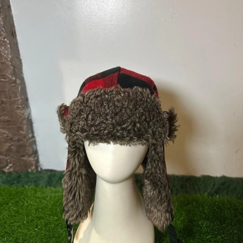 red black buffalo plaid trapper hat